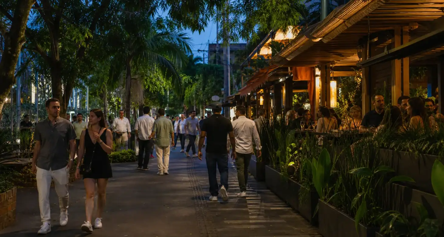Calle arbolada de Provenza con terrazas iluminadas y visitantes al anochecer