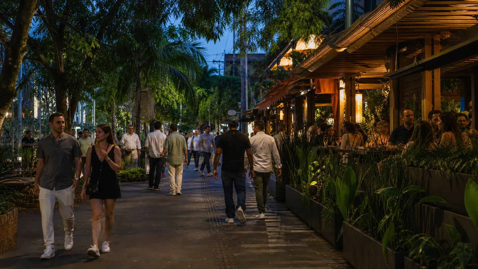 Calle arbolada de Provenza con terrazas iluminadas y visitantes al anochecer